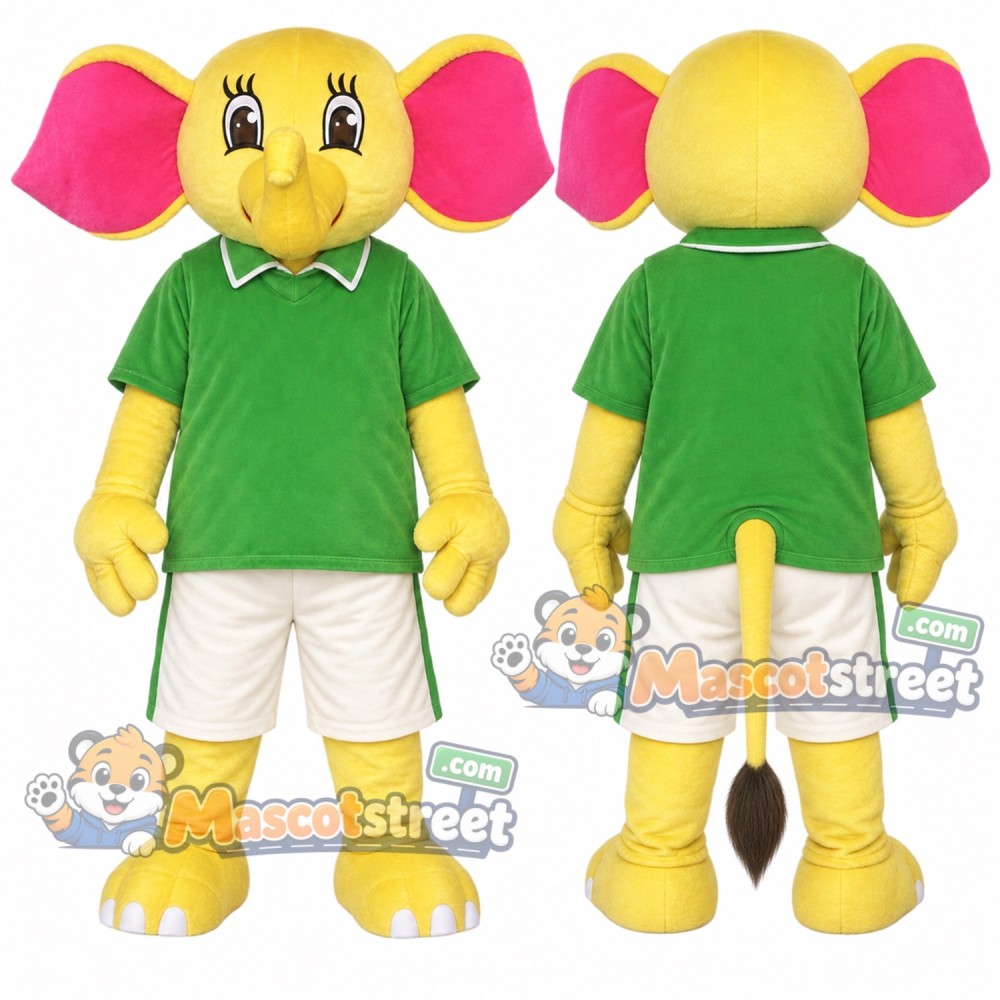 Yellow Elephant Mascot Costume with Green Shirt and Beige Shorts