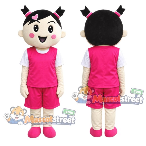 Girl with Hair Buns Mascot Costume with Pink Shirt and Shorts