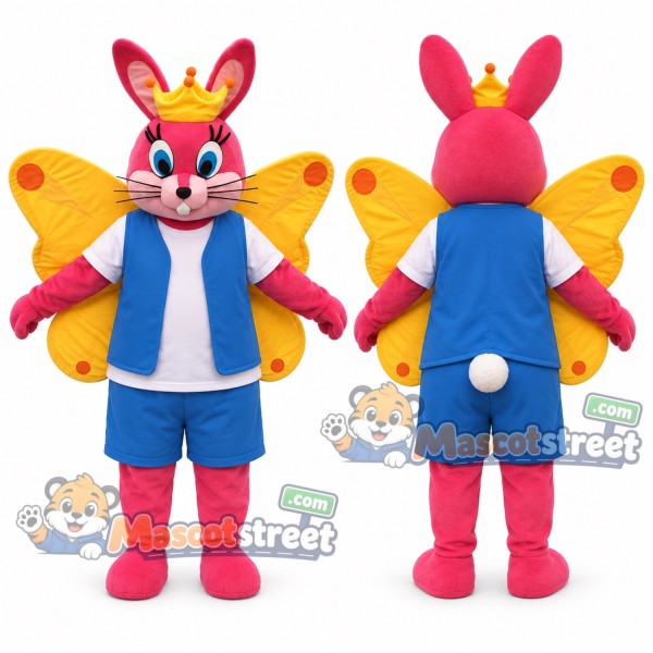 Pink Butterfly Rabbit Mascot Costume with Blue Vest and Shorts
