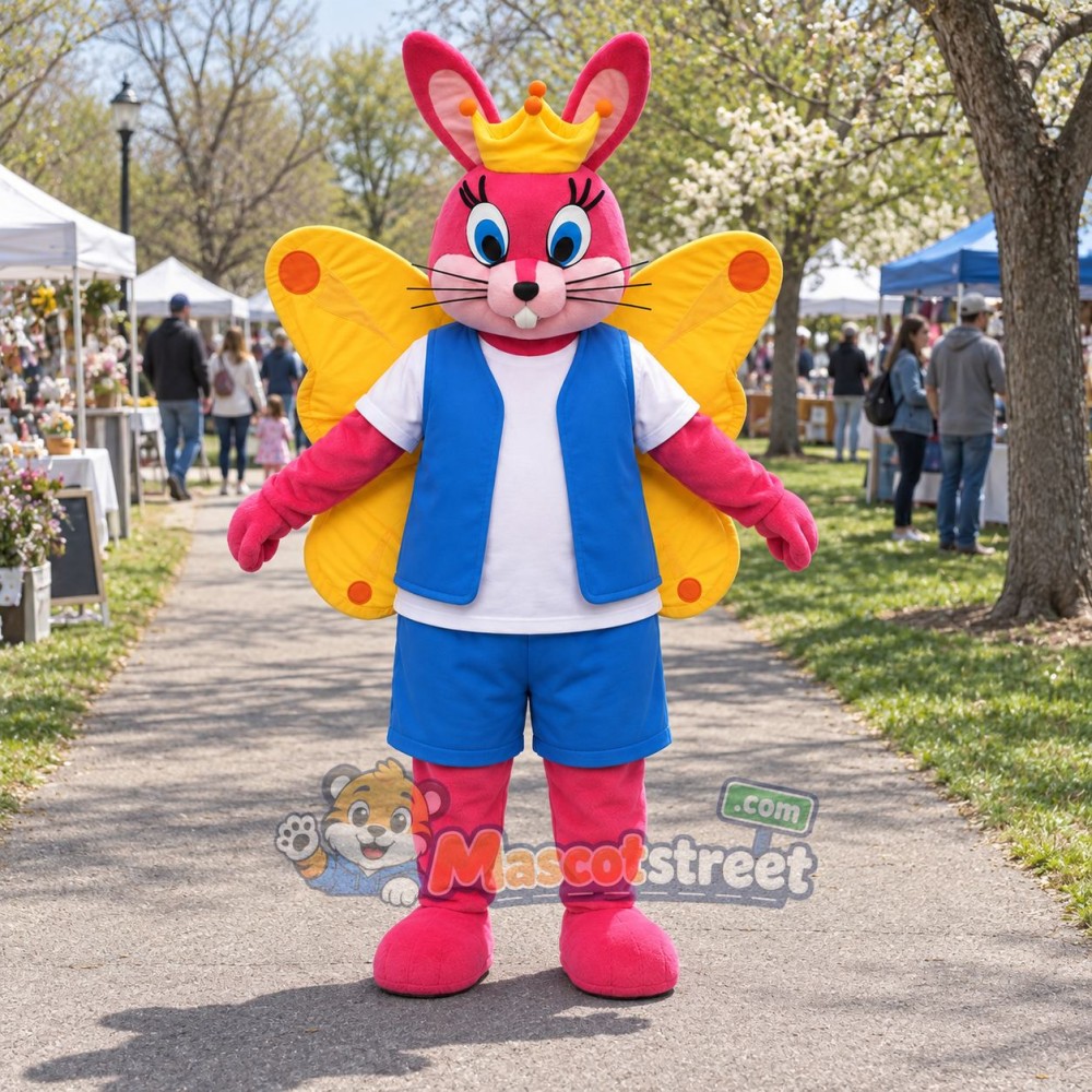 Pink Butterfly Rabbit Mascot Costume with Blue Vest and Shorts