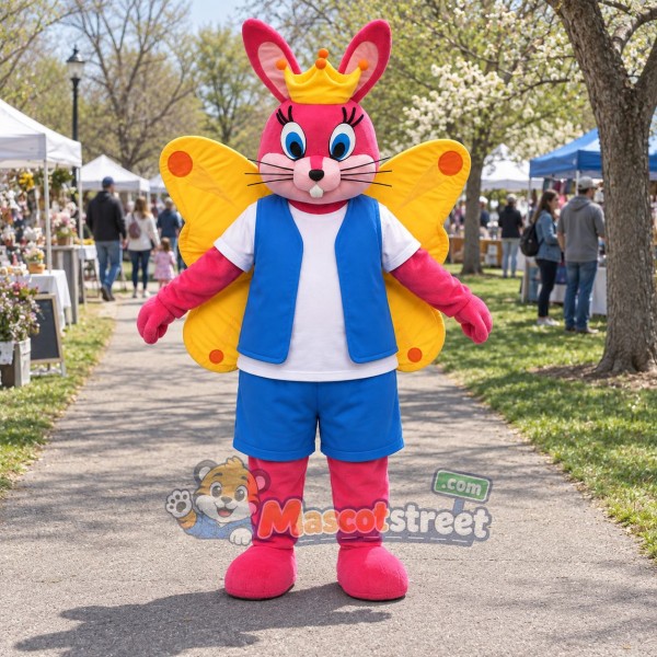 Pink Butterfly Rabbit Mascot Costume with Blue Vest and Shorts