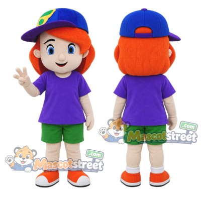 Red Haired Girl Mascot Costume with Purple Shirt, Green Shorts and Blue Cap Red Haired Girl Mascot Costume with Purple Shirt, Green Shorts and Blue Cap