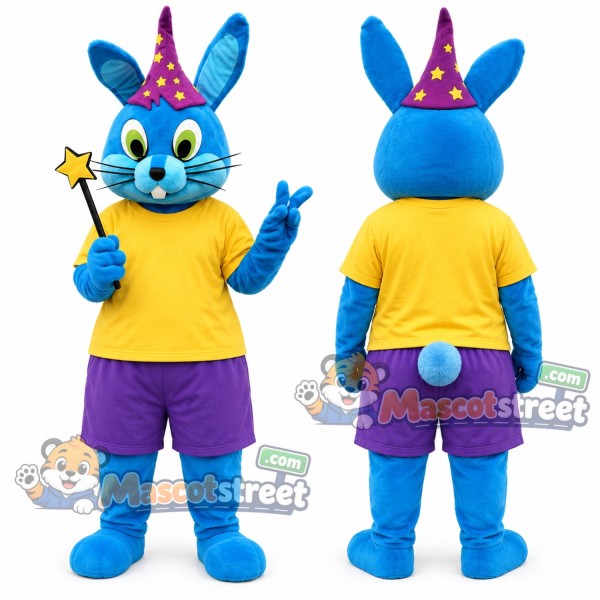 Blue Rabbit Wizard Mascot Costume with Yellow Shirt, Purple Shorts and Wizard Hat