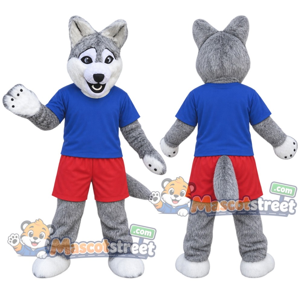 Gray Wolf Mascot Costume with Blue Shirt and Red Shorts Gray Wolf Mascot Costume with Blue Shirt and Red Shorts