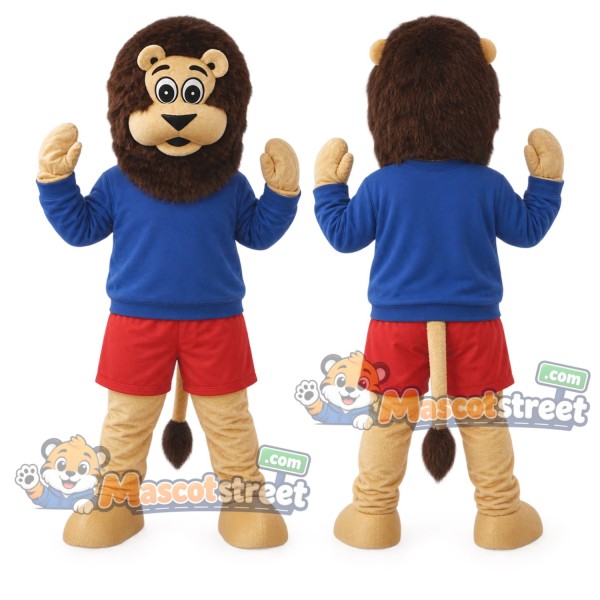 Brown Lion Mascot Costume with Blue Sweatshirt and Red Shorts