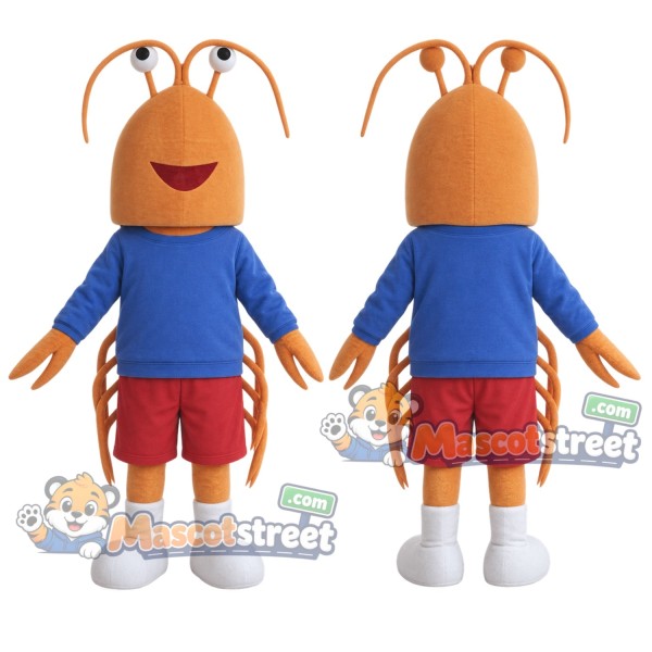 Orange Shrimp Mascot Costume with Blue Shirt and Red Shorts