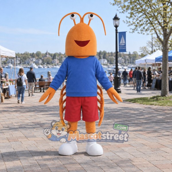 Orange Shrimp Mascot Costume with Blue Shirt and Red Shorts