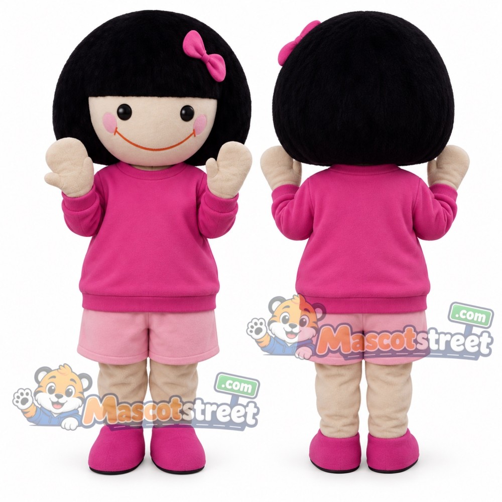 Black Haired Girl Mascot Costume with Pink Shirt and Light Pink Shorts