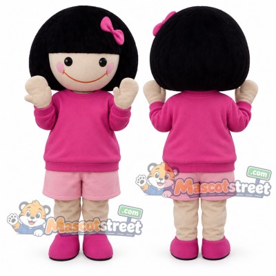 Black Haired Girl Mascot Costume with Pink Shirt and Light Pink Shorts