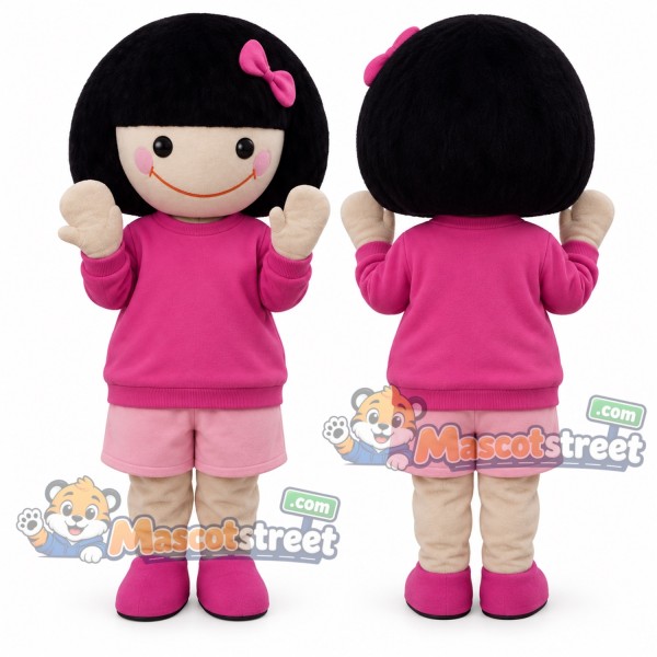 Black Haired Girl Mascot Costume with Pink Shirt and Light Pink Shorts