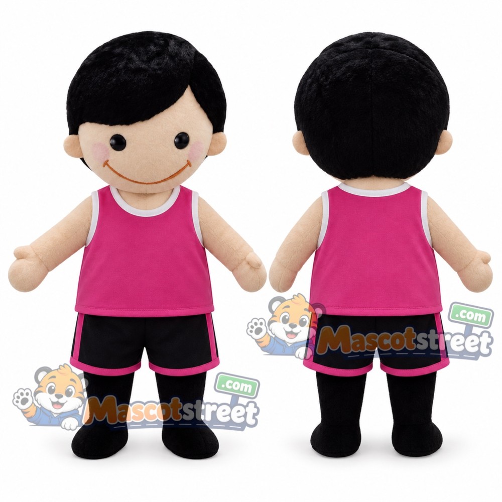 Black Haired Boy Mascot Costume with Pink Sleeveless Shirt and Black Shorts Black Haired Boy Mascot Costume with Pink Sleeveless Shirt and Black Shorts
