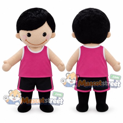 Black Haired Boy Mascot Costume with Pink Sleeveless Shirt and Black Shorts Black Haired Boy Mascot Costume with Pink Sleeveless Shirt and Black Shorts