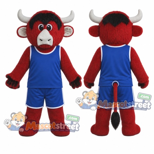 Red Bull Mascot Costume with Blue Sports Uniform