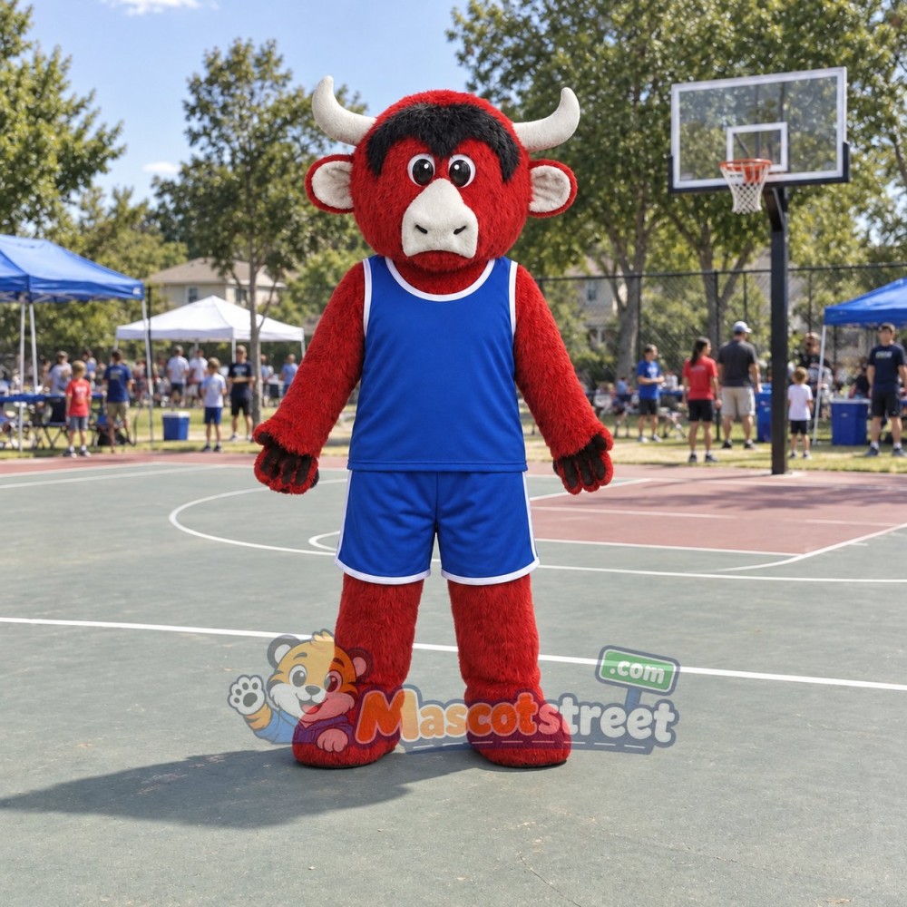 Red Bull Mascot Costume with Blue Sports Uniform