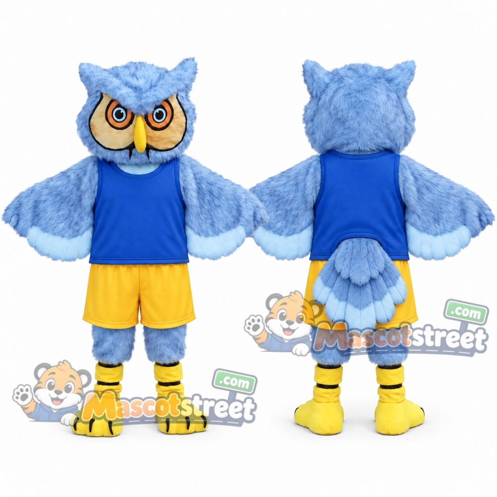 Light Blue Owl Mascot Costume with Blue Shirt and Yellow Shorts