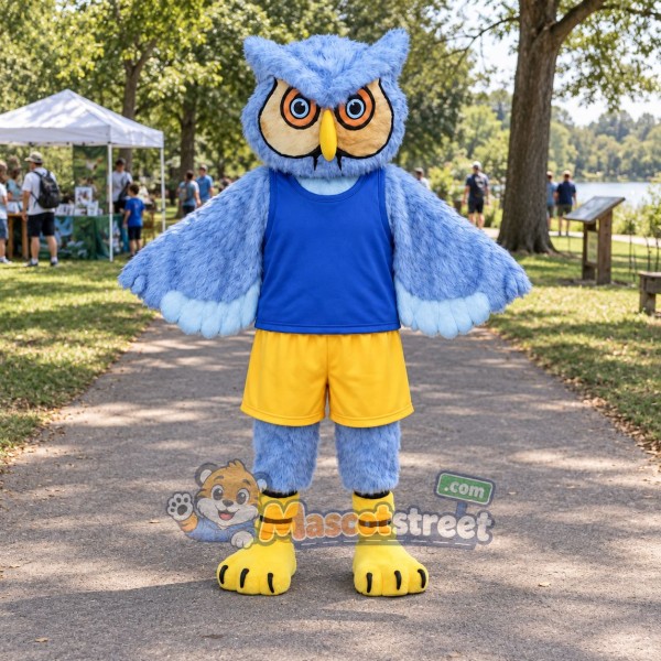 Light Blue Owl Mascot Costume with Blue Shirt and Yellow Shorts