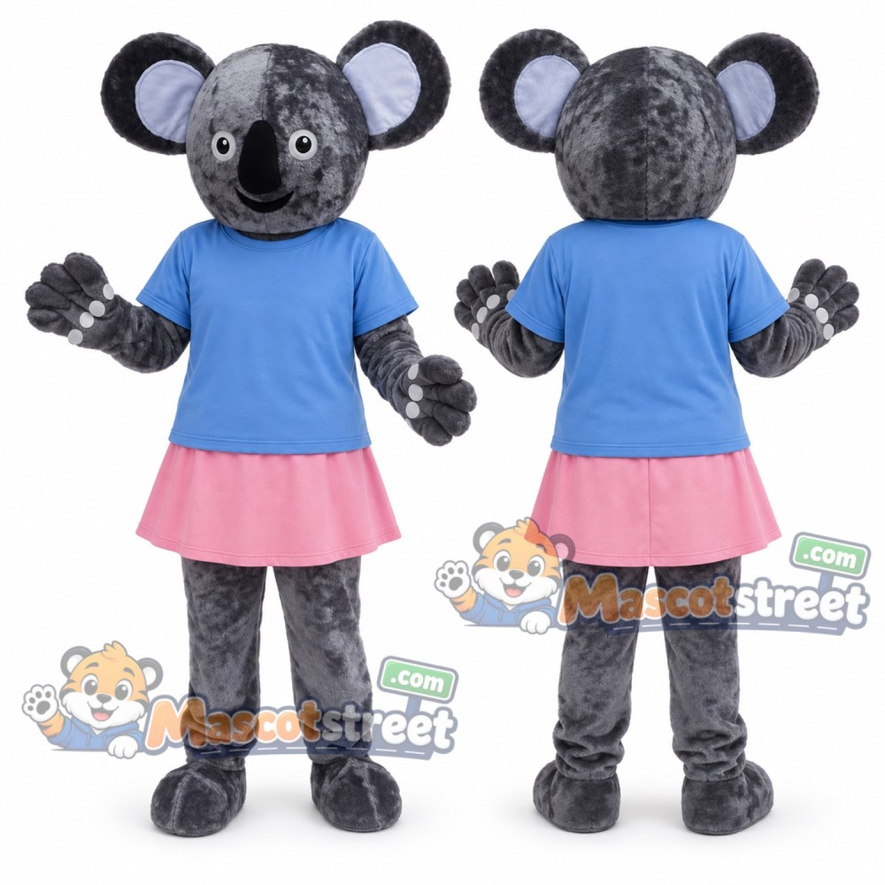 Gray Koala Mascot Costume with Blue Shirt and Pink Skirt Gray Koala Mascot Costume with Blue Shirt and Pink Skirt