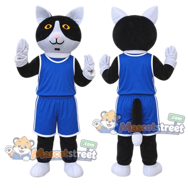 Black and White Cat Mascot Costume with Blue Sports Uniform