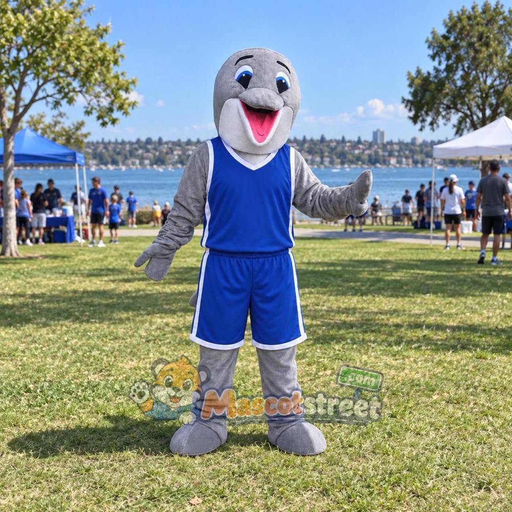 Gray Dolphin Mascot Costume with Blue Sports Uniform Gray Dolphin Mascot Costume with Blue Sports Uniform