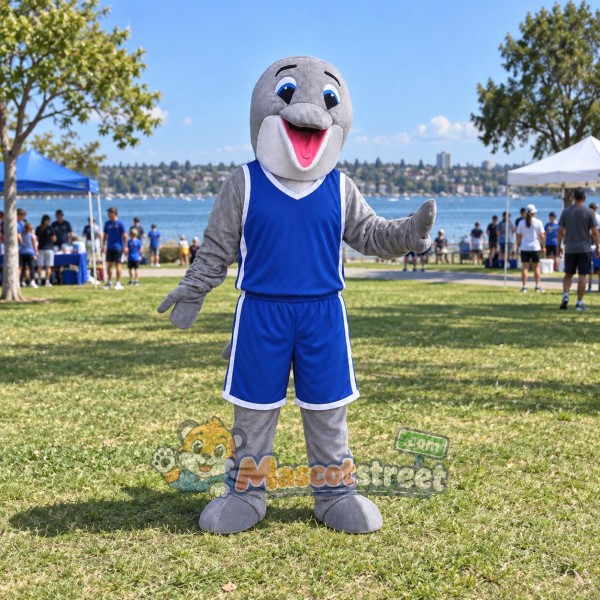 Gray Dolphin Mascot Costume with Blue Sports Uniform