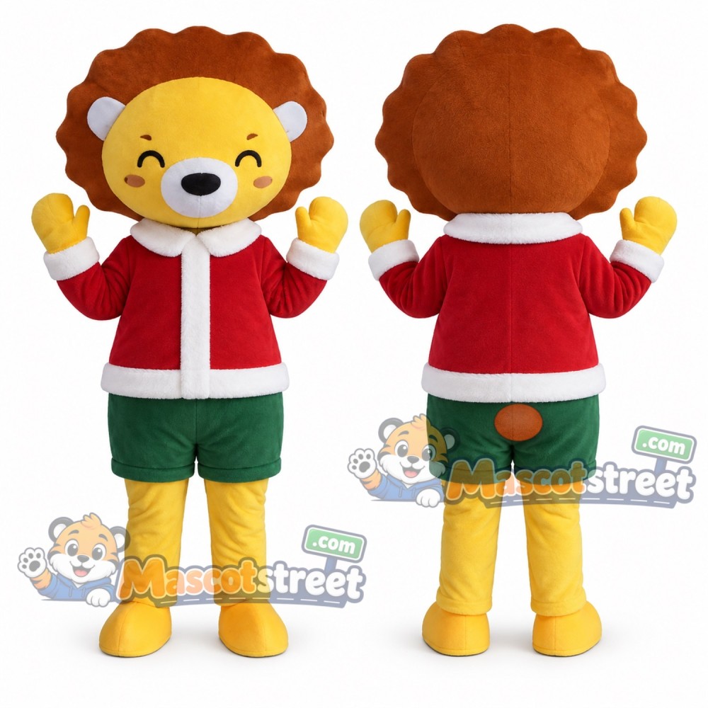 Yellow Lion Mascot Costume with Santa Jacket and Green Shorts