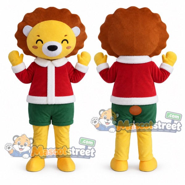 Yellow Lion Mascot Costume with Santa Jacket and Green Shorts