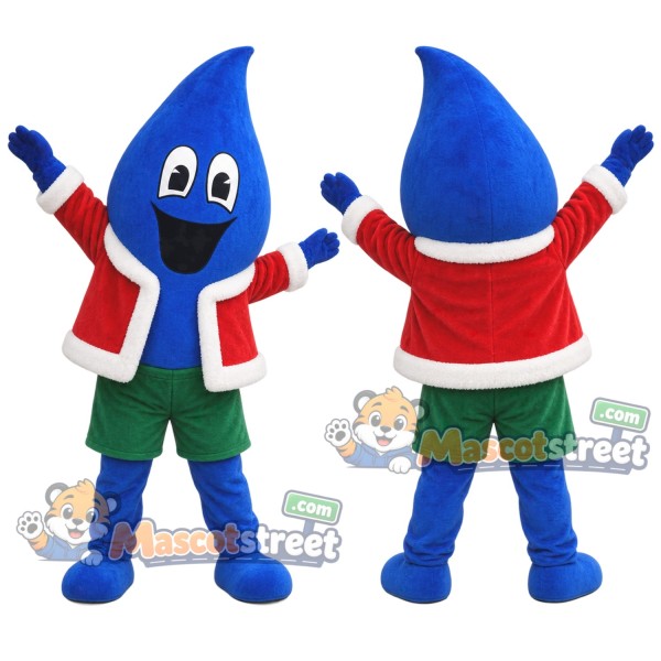 Blue Water Drop Mascot Costume with Santa Jacket and Green Shorts