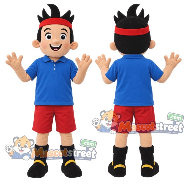 Pirate Boy Mascot Costume with Blue Shirt, Red Shorts and Red Headband