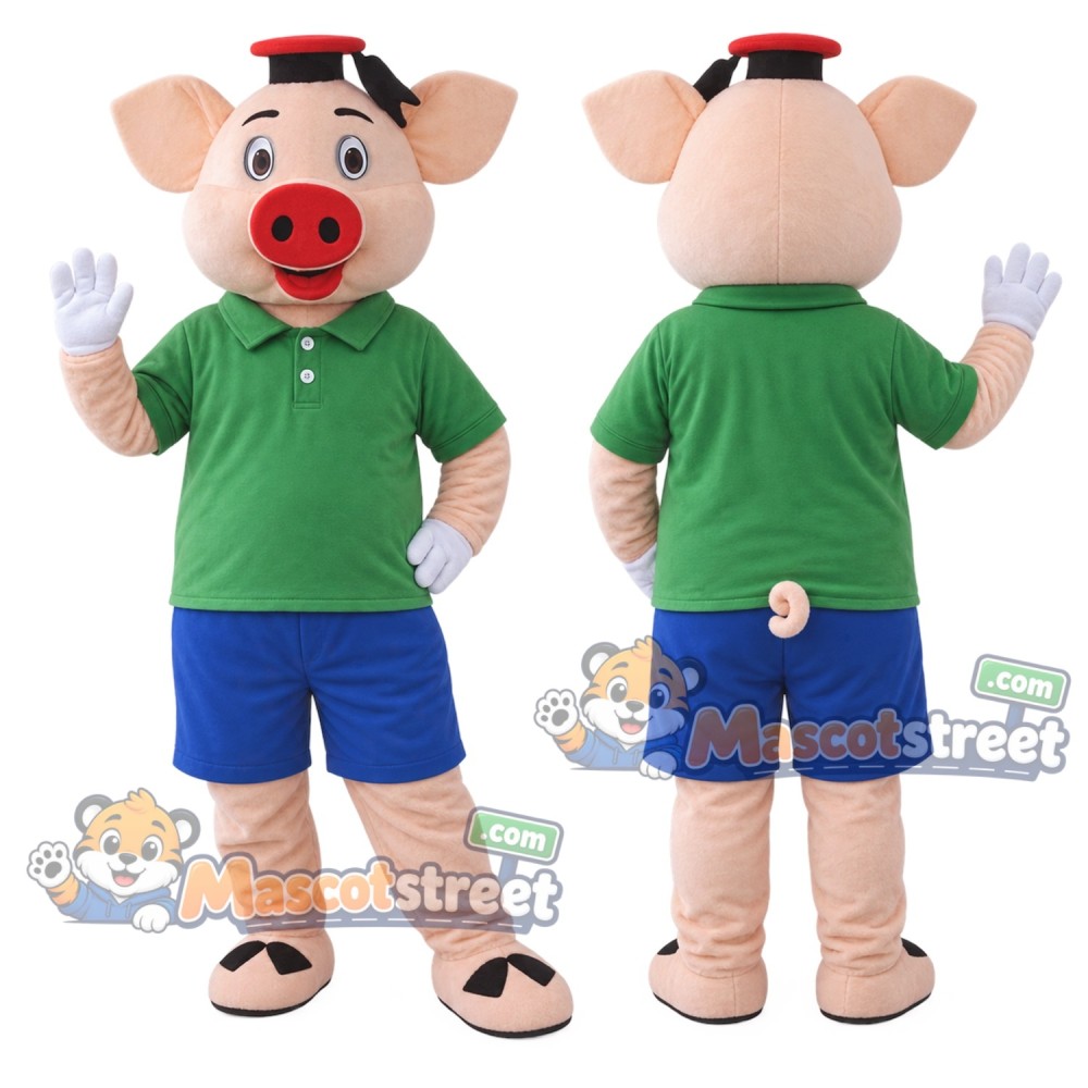 Pink Pig Mascot Costume with Green Shirt, Blue Shorts and Black Cap