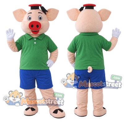 Pink Pig Mascot Costume with Green Shirt, Blue Shorts and Black Cap