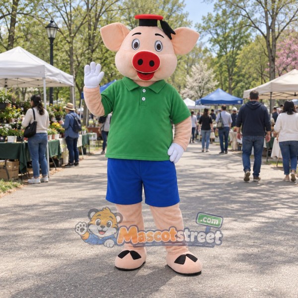 Pink Pig Mascot Costume with Green Shirt, Blue Shorts and Black Cap