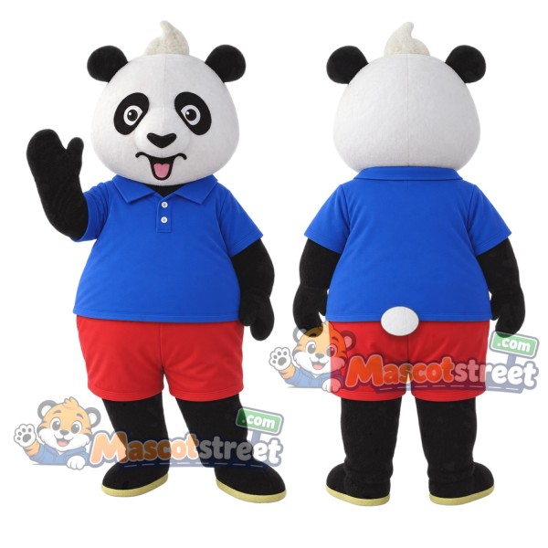 Panda Mascot Costume with Blue Shirt and Red Shorts