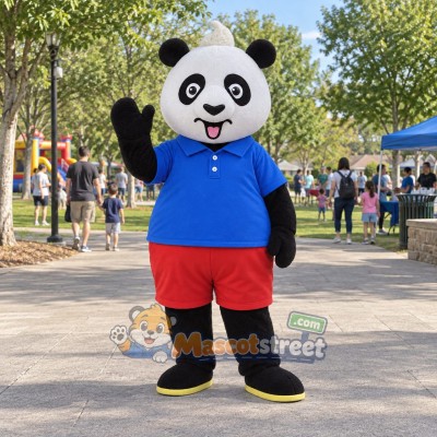 Panda Mascot Costume with Blue Shirt and Red Shorts Panda Mascot Costume with Blue Shirt and Red Shorts