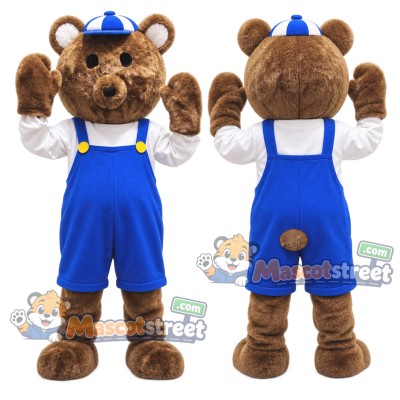 Brown Bear Mascot Costume with Blue Overalls, White Shirt and Blue Cap Brown Bear Mascot Costume with Blue Overalls, White Shirt and Blue Cap