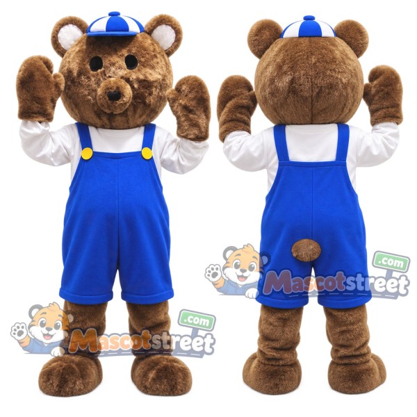 Brown Bear Mascot Costume with Blue Overalls, White Shirt and Blue Cap