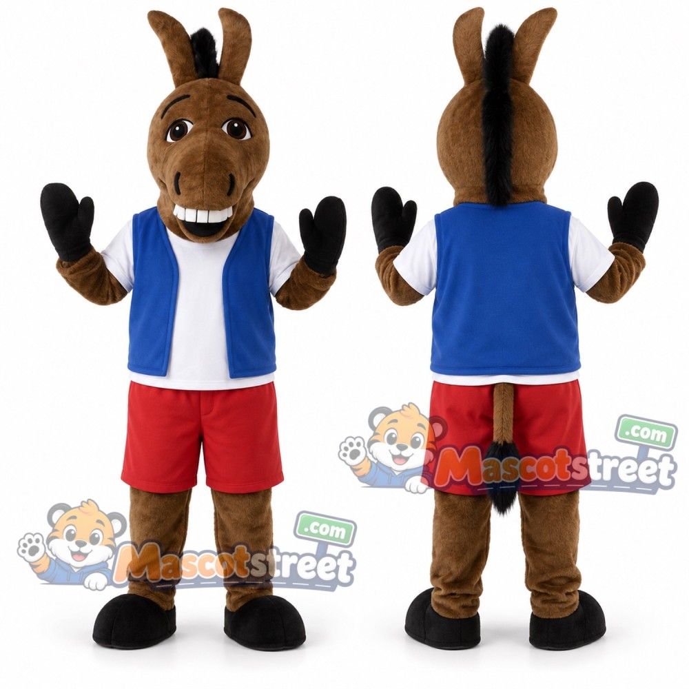 Brown Donkey Mascot Costume with Blue Vest and Red Shorts Brown Donkey Mascot Costume with Blue Vest and Red Shorts