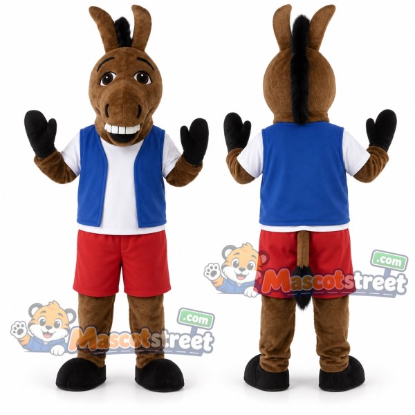 Brown Donkey Mascot Costume with Blue Vest and Red Shorts