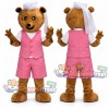 Brown Bear Bride Mascot Costume with Pink Vest, Pink Shorts and Veil