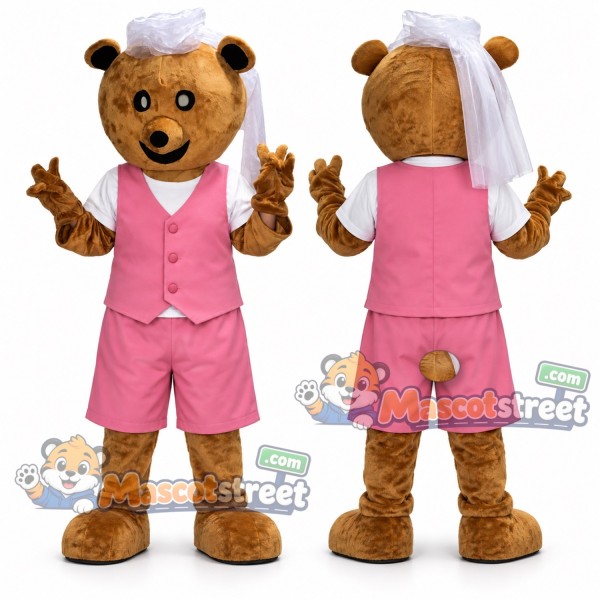 Brown Bear Bride Mascot Costume with Pink Vest, Pink Shorts and Veil