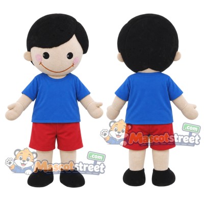 Black Haired Boy Mascot Costume with Blue Shirt and Red Shorts Black Haired Boy Mascot Costume with Blue Shirt and Red Shorts