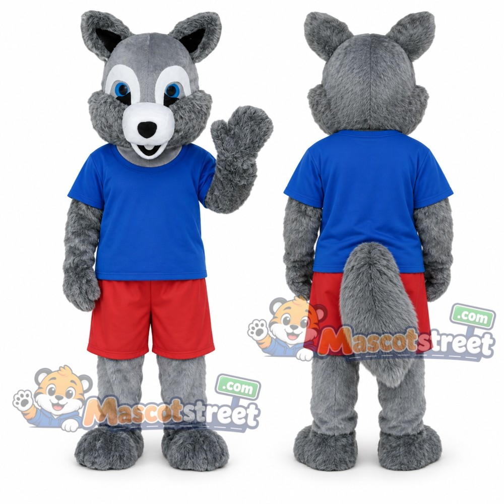 Gray Squirrel Mascot Costume with Blue Shirt and Red Shorts
