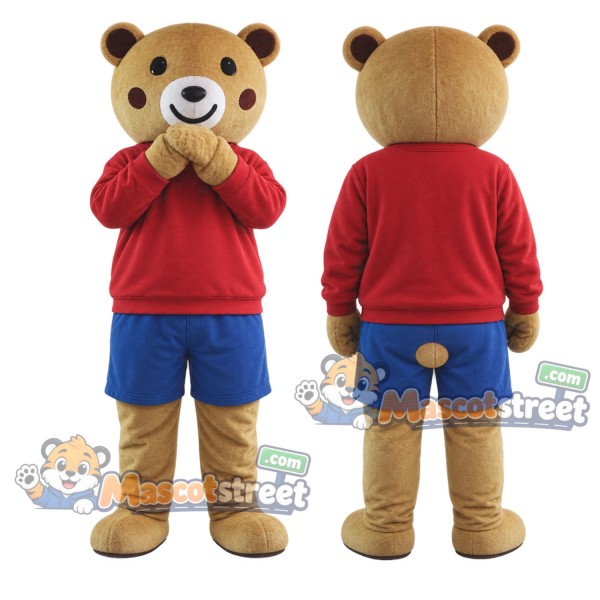 Brown Bear Mascot Costume with Red Sweatshirt and Blue Shorts