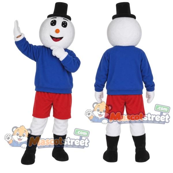 Snowman Mascot Costume with Blue Sweatshirt, Red Shorts and Black Top Hat