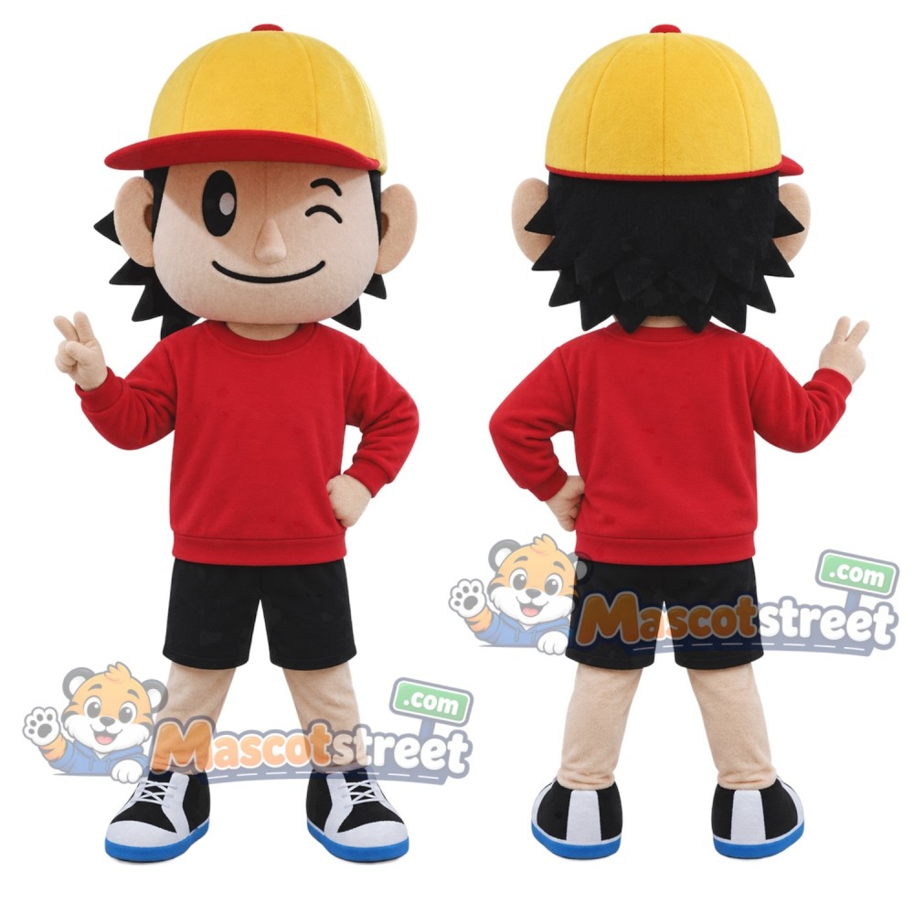 Baseball Boy Mascot Costume with Red Sweatshirt, Black Shorts and Yellow Cap Baseball Boy Mascot Costume with Red Sweatshirt, Black Shorts and Yellow Cap