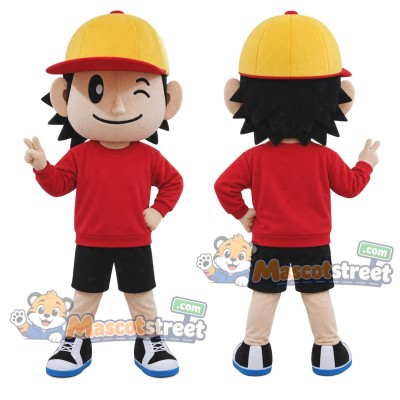 Baseball Boy Mascot Costume with Red Sweatshirt, Black Shorts and Yellow Cap Baseball Boy Mascot Costume with Red Sweatshirt, Black Shorts and Yellow Cap