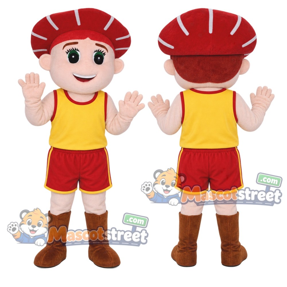 Red Haired Boy Mascot Costume with Yellow Shirt and Red Shorts Red Haired Boy Mascot Costume with Yellow Shirt and Red Shorts