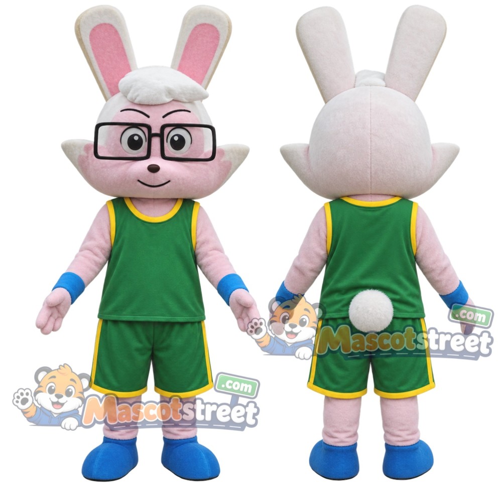 White Rabbit Mascot Costume with Green Sports Uniform and Glasses White Rabbit Mascot Costume with Green Sports Uniform and Glasses