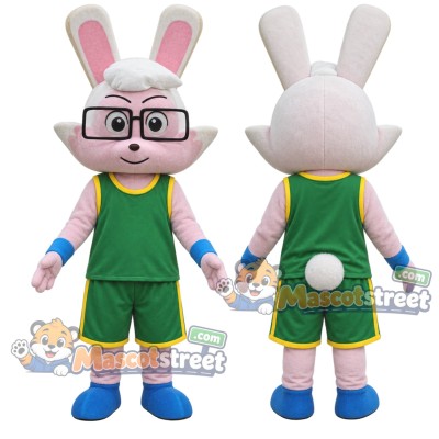 White Rabbit Mascot Costume with Green Sports Uniform and Glasses White Rabbit Mascot Costume with Green Sports Uniform and Glasses