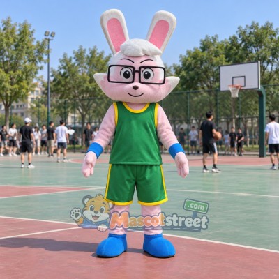 White Rabbit Mascot Costume with Green Sports Uniform and Glasses