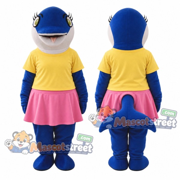 Blue Shark Mascot Costume with Yellow Shirt and Pink Skirt